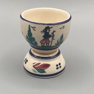 Quimper Egg Cup Petit Breton Hand‎ Painted France Signed HB Red Blue Flowers Man